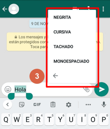 Cómo poder acceder a las opciones de formato en otras versiones WhatsApp paso 3