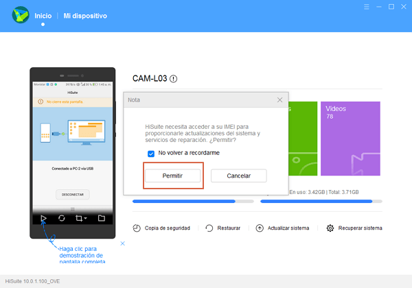 Transferir archivos desde Android al ordenador usando app oficial HiSuite en la PC paso 1