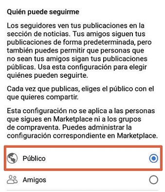 Activar seguidores en la app de Facebook paso 5