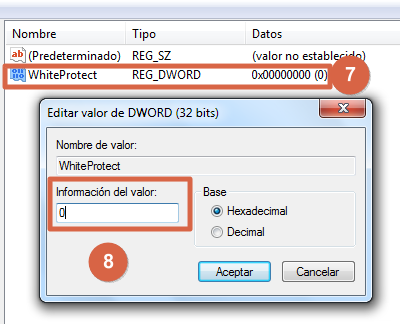 Eliminar protección contra escritura de memoria micro SD desde el Editor del Registro de Windows pasos 7 y 8