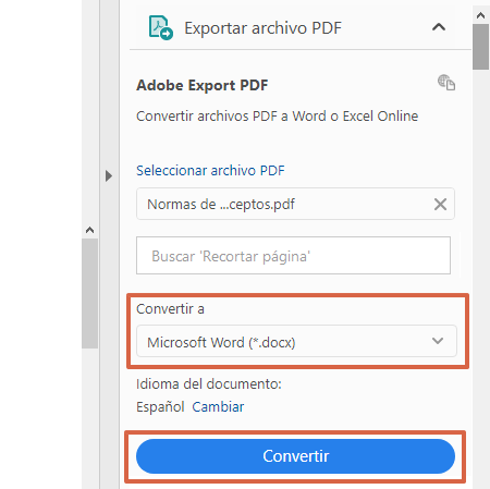 Guía para convertir .pdf a .docx. Con Adobe Acrobat DC . Paso 2