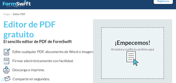 Páginas web para convertir archivos PDF a .DOC. FormSwift PDF Editor